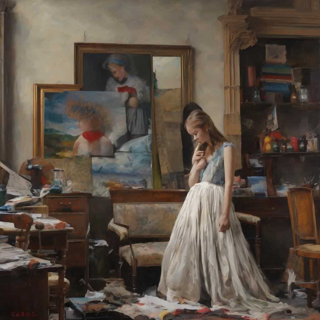 Λύνσεις μέσα στην παύση, εικόνα νεαρής κοπέλας με ρούχα σε στούντιο τέχνης, άνετες πινελιές σε καμβά και κλασική διακόσμηση.