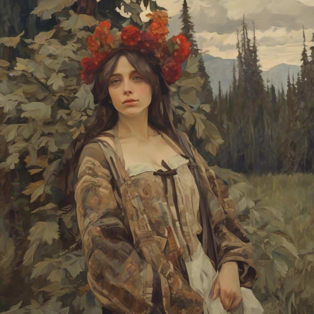 Μόνο η γυναίκα με το κεφάλι από λουλούδια σε φυσικό τοπίο.