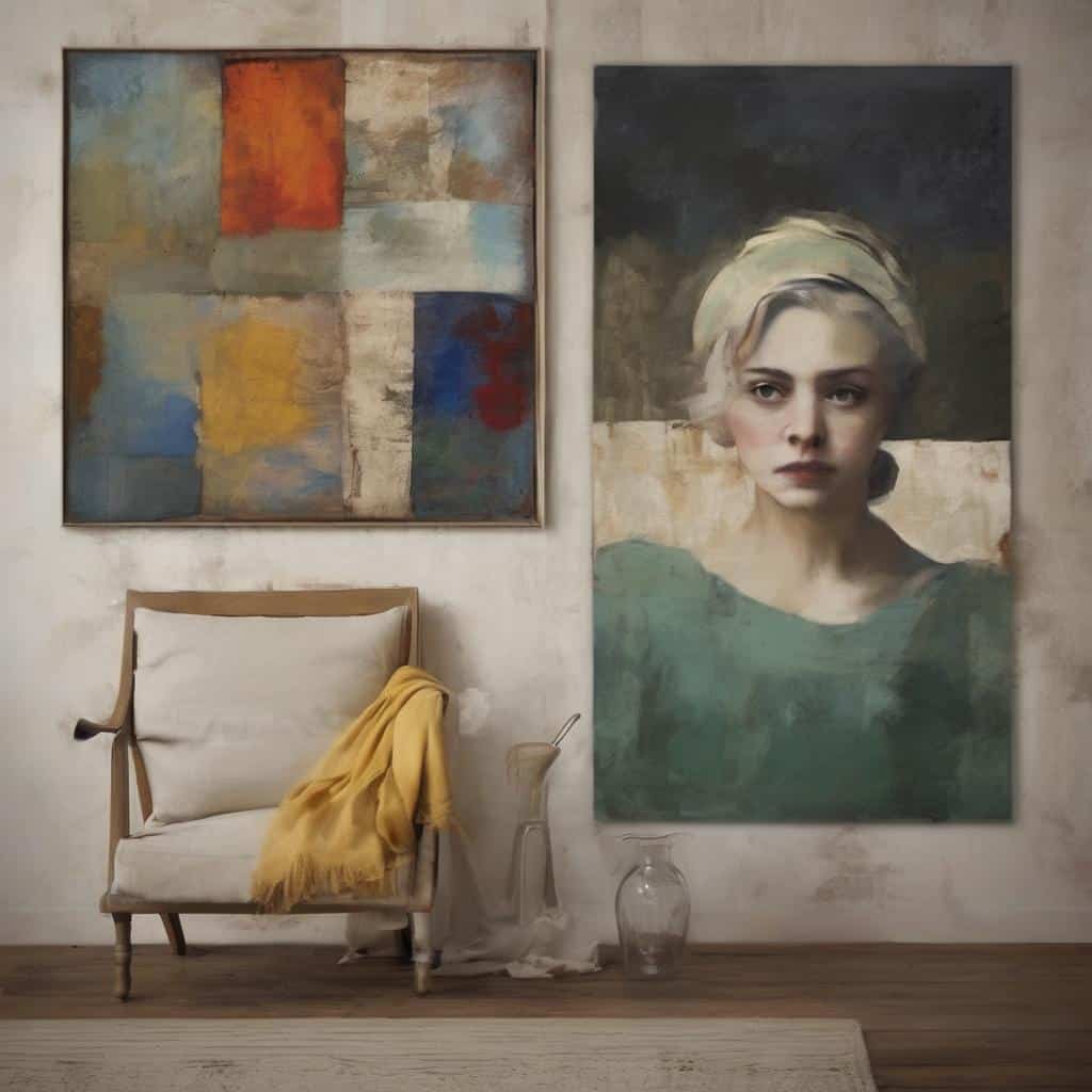 Ζωντανή τέχνη και πίνακες με αφαίρεση και προσωπογραφία σε σύγχρονο χώρο τέχνης.