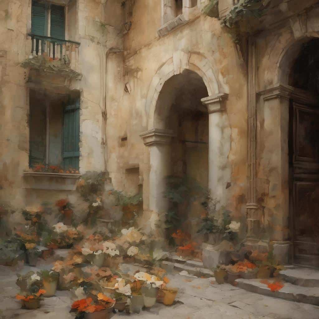 Μηνύματα είναι ενός παλιού κτηρίου με αρχιτεκτονική σε ανοιχτόχρωμα τόνους και πολλά γλαστράκια με λουλούδια στην αυλή.