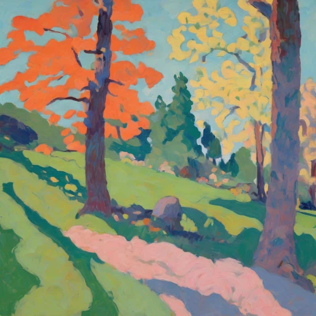 Ζωντανή φύση και δέντρα σε παστέλ χρώματα, καλοκαιρινή ατμόσφαιρα, τέχνη και τοπία φυσικής ομορφιάς με έμφαση στην κίνηση και την ηρεμία.