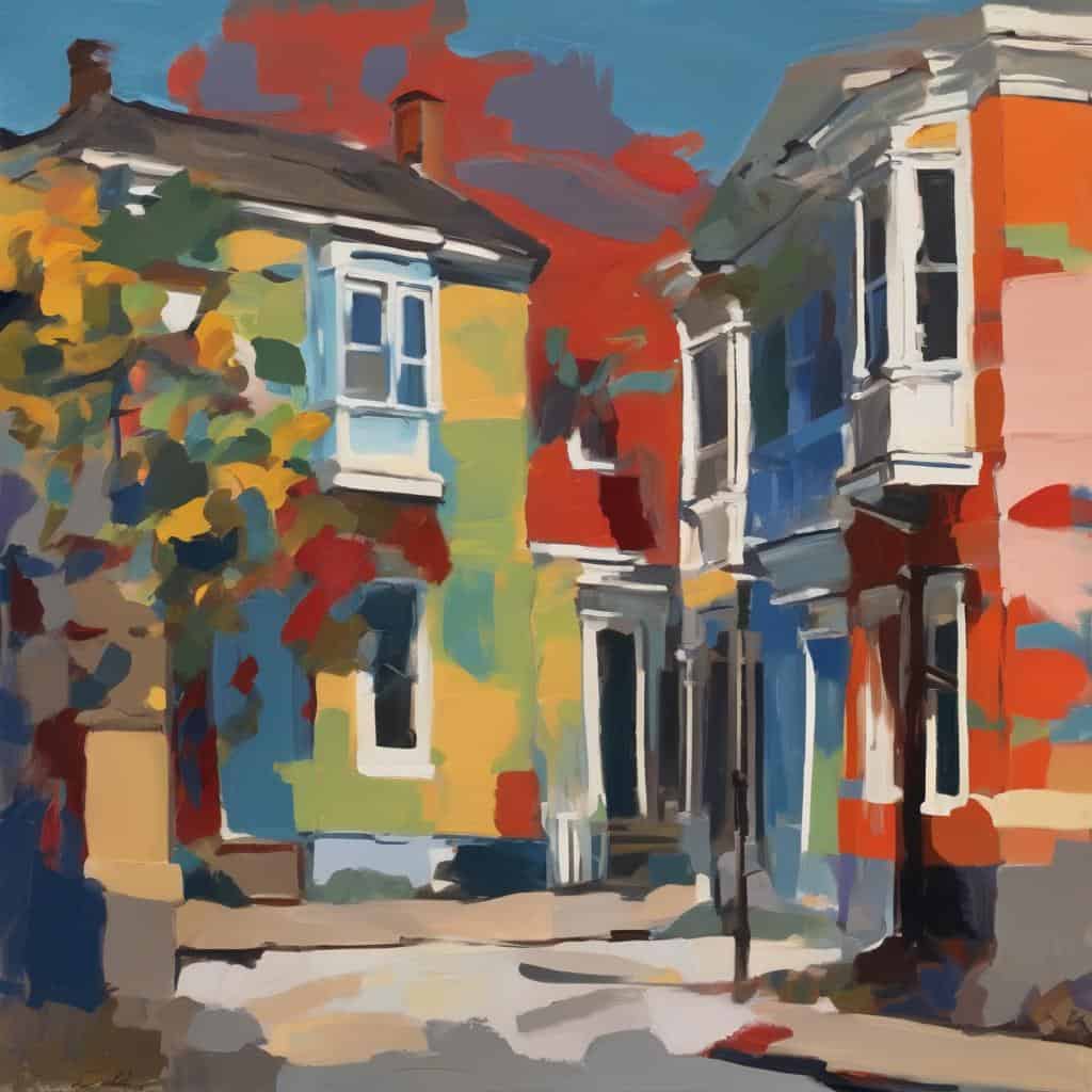 πολιτεία μέσα στην παύση, τέχνη και κίνηση, ζωγραφική εικόνα αστικών κτιρίων, αρχιτεκτονική και αρτ, οπτική αναπαράσταση της αστικής ζωής στο καρτ-ποστάλ.